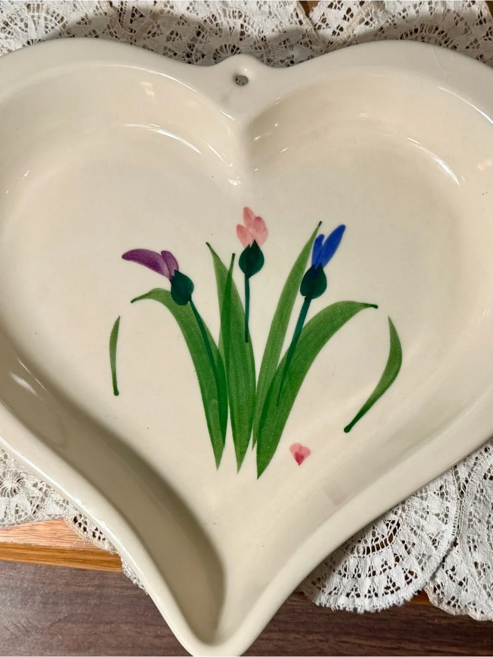 Vintage 1990 Heart-Shaped Ceramic Wall Plate with Hand-Painted Floral Design